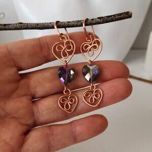 Purple Glass Heart & Copper Wire Dangle Earrings, Trio Heart Drop Earrings